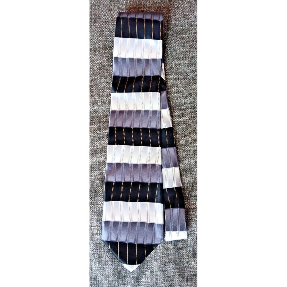 Tie 70s 80s 90s Y2K Mens Bergamo Silk Black Gray Silver 4 Wide 67 Long
